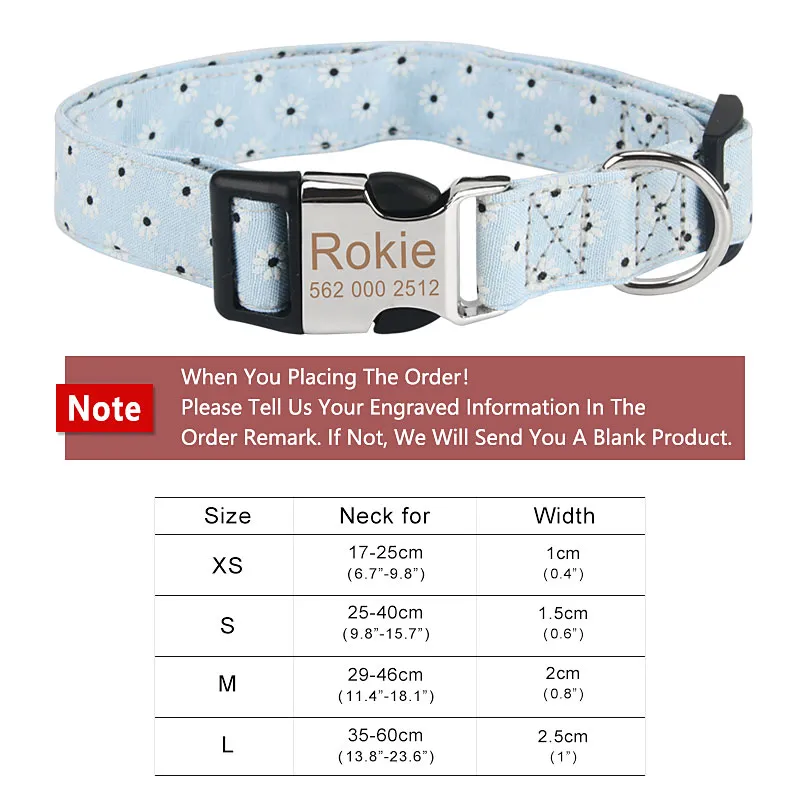 Customized Pet Collar Flower Dog Collar Engraved Tag ID Name Puppy Collars for Small Medium Large Dogs Pug