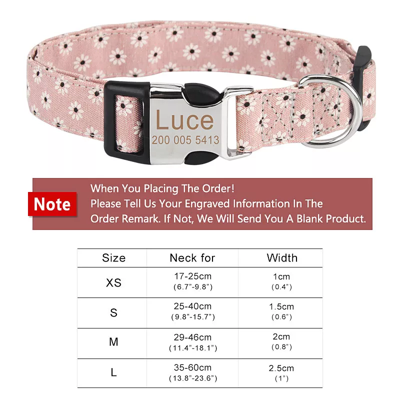 Customized Pet Collar Flower Dog Collar Engraved Tag ID Name Puppy Collars for Small Medium Large Dogs Pug