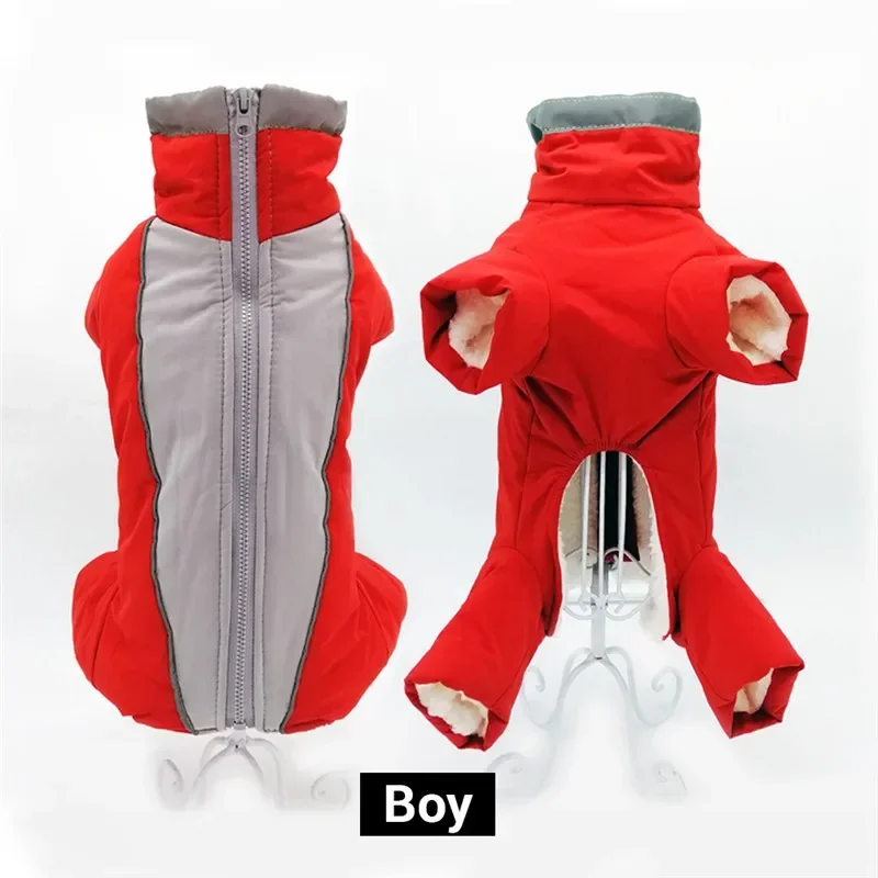 Dog winter clothing, warm and waterproof pet four legged jumpsuit, male/female dog reflective puppy jacket, puppy down jacket