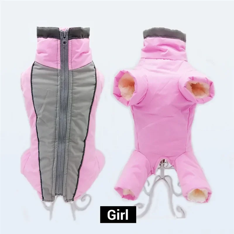 Dog winter clothing, warm and waterproof pet four legged jumpsuit, male/female dog reflective puppy jacket, puppy down jacket