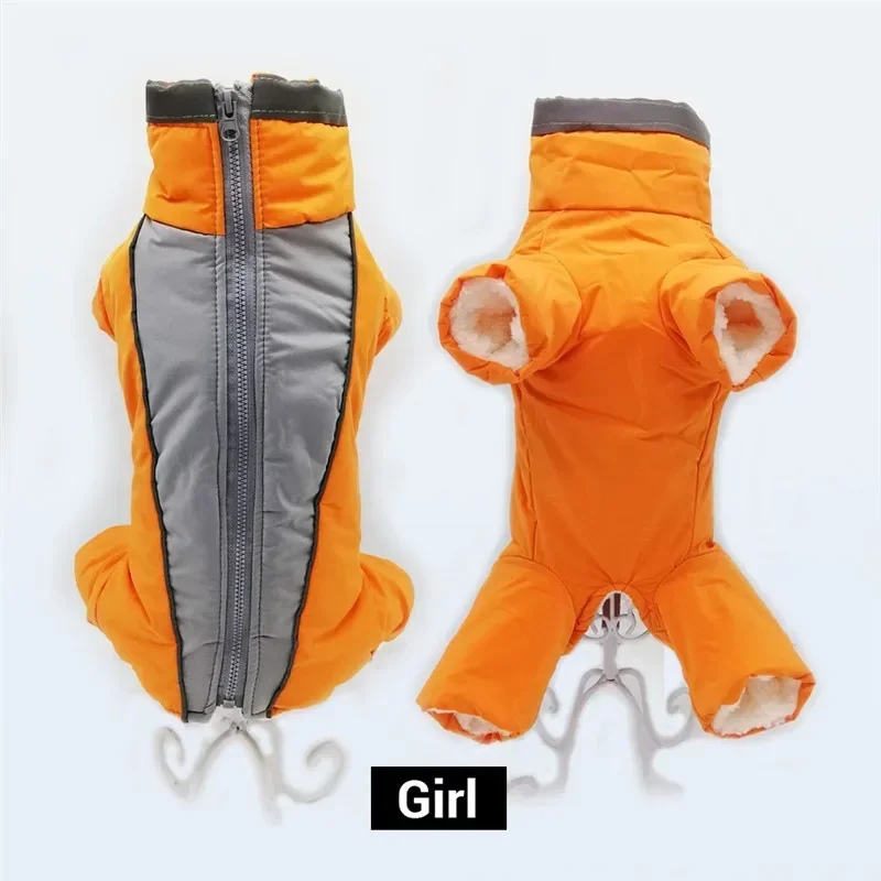 Dog winter clothing, warm and waterproof pet four legged jumpsuit, male/female dog reflective puppy jacket, puppy down jacket