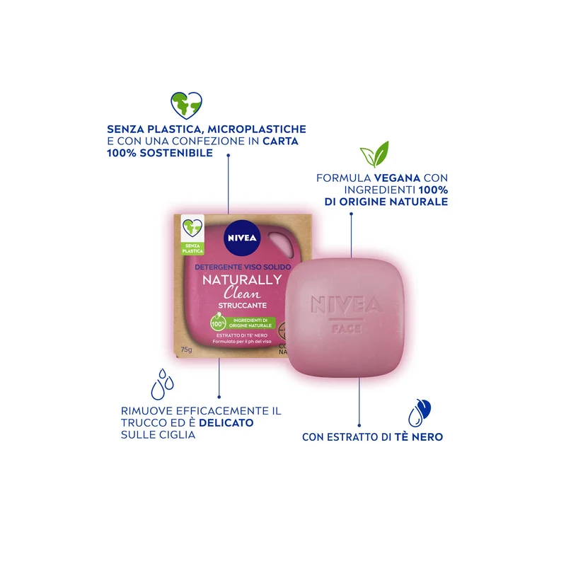 Nivea Naturally Clean Struccante Viso 75g Detergente Viso Struccante Solido Naturale Formula Vegana