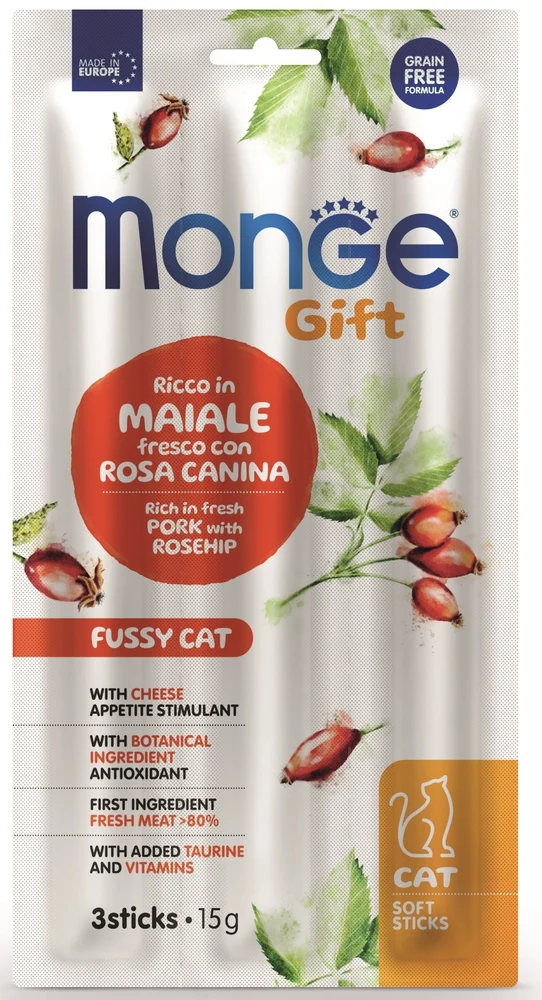 Monge Gatto Gift Fussy Cat Soft Sticks Ricco in Maiale Fresco con Rosa Canina 3x5 g