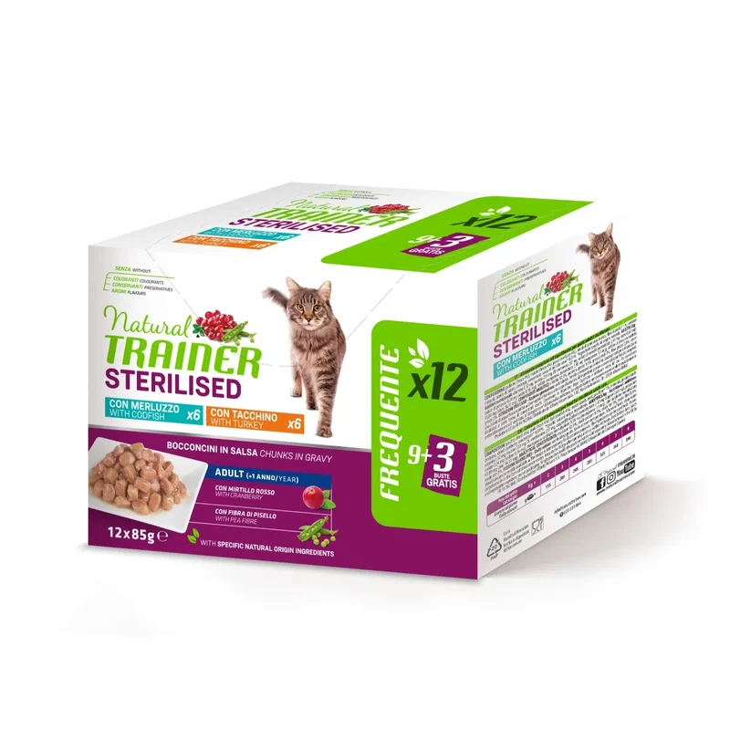 Natural Trainer Sterilised con Tacchino e Merluzzo 12x85g - Gatti Adulti Sterilizzati