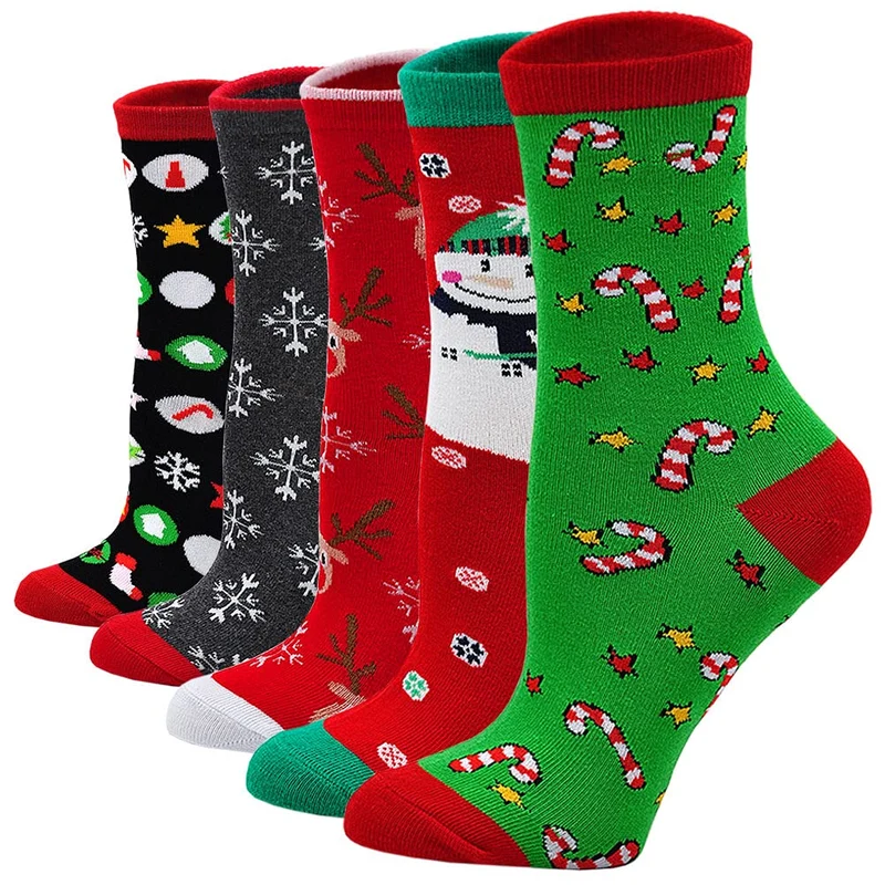 ZAKASA Calze Natalizie Donna Fantasia: Calzini Divertenti In Cotone, Regalo Invernali Termici Colorate, Vacanza Babbo Natale Deer Stampa 5 Paia EU 35-42 Natale-C