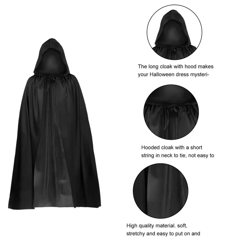 Zeayebsr 1pc Costume da strega con cappuccio nero di Halloween, travestimento da strega, accessori cosplay per adulti e bambini per riunioni di famiglia