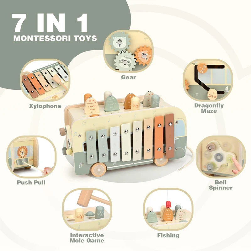 Vanplay Giochi Bambini 1 Anno, Giochi Montessori 1 2 3 Anni Giocattoli Bambino 1 Anno, 7 in 1 Strumenti Musicali Bambini Xilofono, Giochi Educativi Regali Bambini 1 Anno