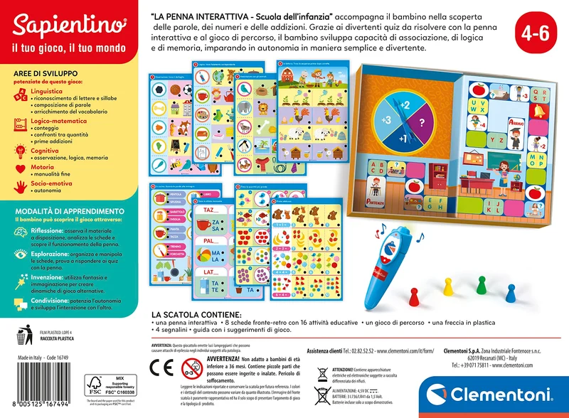Clementoni Sapientino - Scuola dell'Infanzia, Gioco Educativo Parlante 4-6 Anni, Quiz su Parole, Logica, Sillabe e Operazioni, 8 attività con Penna Interattiva, Made in Italy, Lingua Italiana, 16749