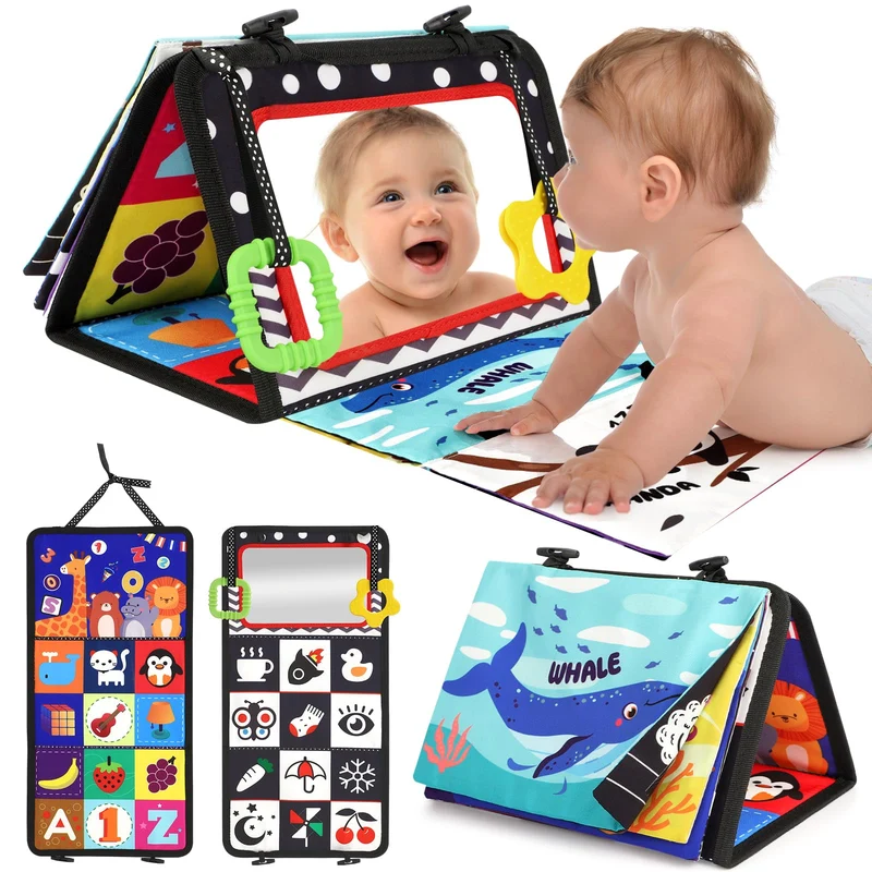 URMYWO Giochi Montessori Neonato 0 3 6 12 Mesi, Libro Sensoriale con Specchio, Tummy Time Morbidi di attività Giocattoli Educativi Interattivo Regali