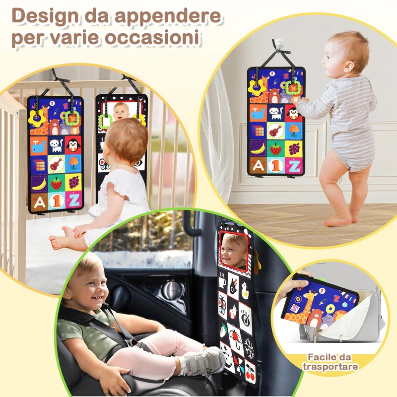 URMYWO Giochi Montessori Neonato 0 3 6 12 Mesi, Libro Sensoriale con Specchio, Tummy Time Morbidi di attività Giocattoli Educativi Interattivo Regali