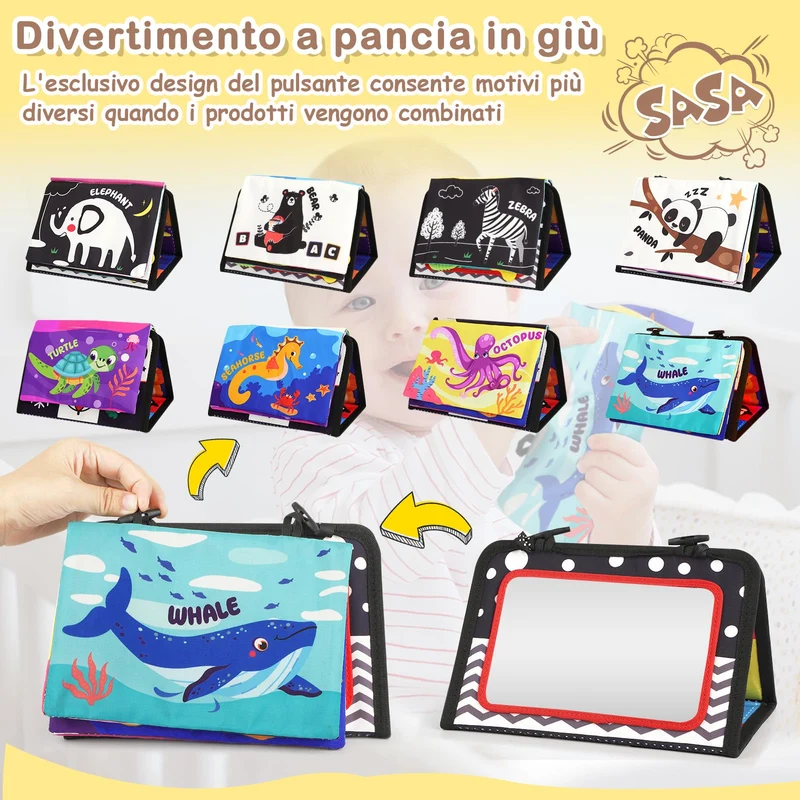 URMYWO Giochi Montessori Neonato 0 3 6 12 Mesi, Libro Sensoriale con Specchio, Tummy Time Morbidi di attività Giocattoli Educativi Interattivo Regali