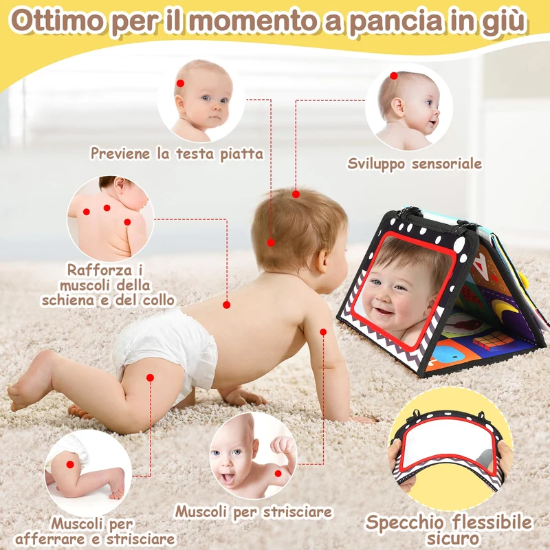 URMYWO Giochi Montessori Neonato 0 3 6 12 Mesi, Libro Sensoriale con Specchio, Tummy Time Morbidi di attività Giocattoli Educativi Interattivo Regali