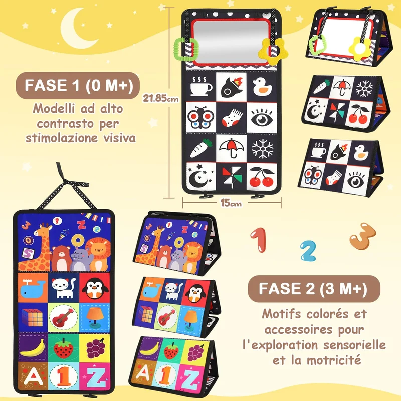 URMYWO Giochi Montessori Neonato 0 3 6 12 Mesi, Libro Sensoriale con Specchio, Tummy Time Morbidi di attività Giocattoli Educativi Interattivo Regali