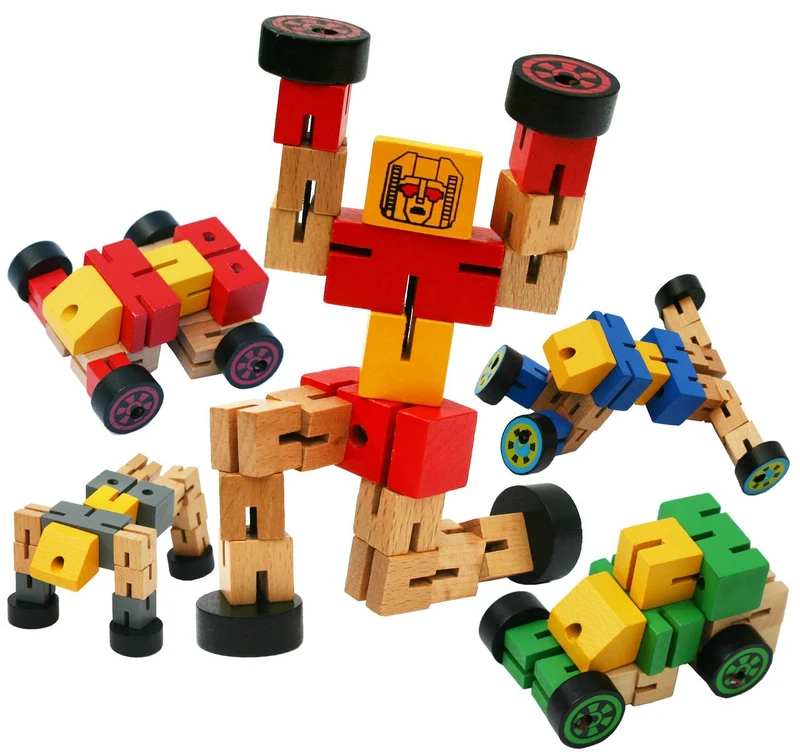 TOWO Robot Trasformazione in Legno - Gioco da Viaggio Transfigures - Veicolo Giocattolo da Trasformare - Robot in Legno per Bambini e Bambine di 3 Anni- blu
