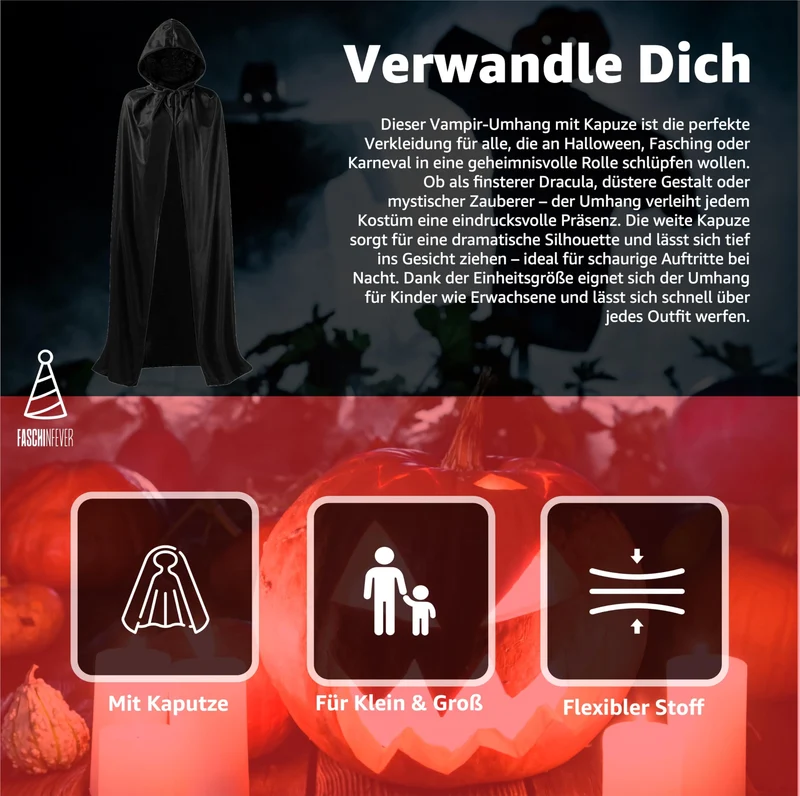 Costume da vampiro, mantello con cappuccio, per bambini e adulti, per Halloween e carnevale su entrambi i lati (nero)