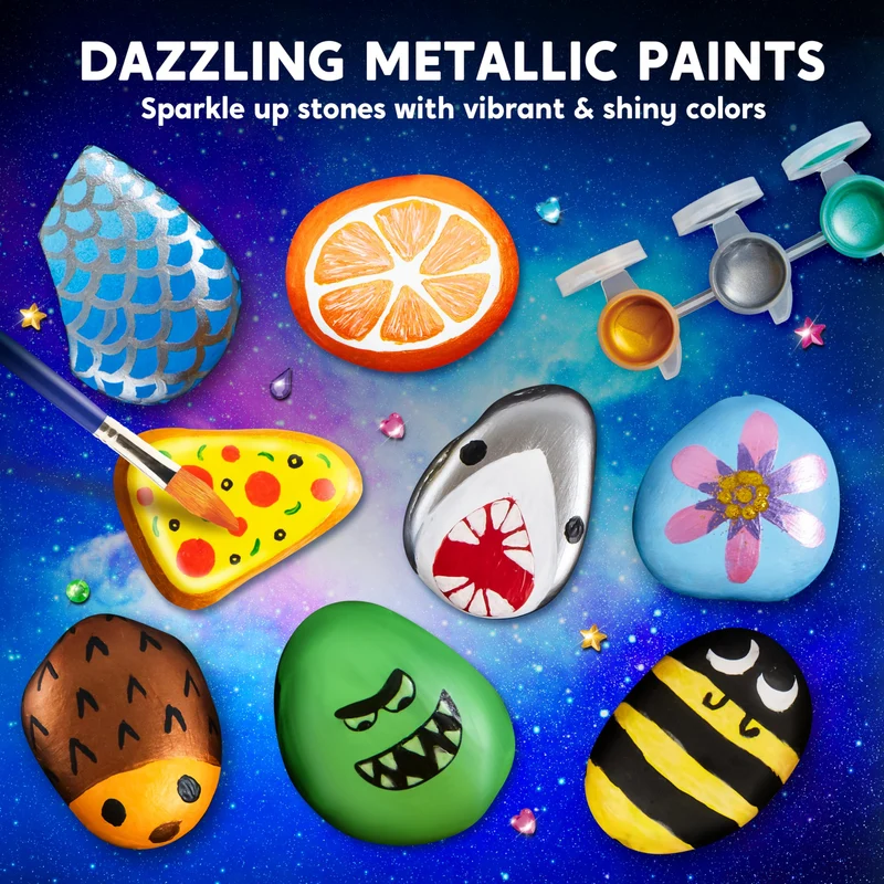JOYIN 10 pezzi Kit Pittura di pietra per bambini con 18 colori (colle glitter e metallizzato e colori standard) Materiali artistici per bambini Attività da famiglia Regalo di compleanno