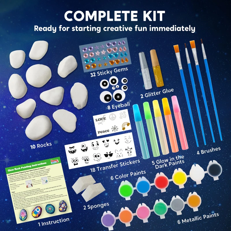 JOYIN 10 pezzi Kit Pittura di pietra per bambini con 18 colori (colle glitter e metallizzato e colori standard) Materiali artistici per bambini Attività da famiglia Regalo di compleanno