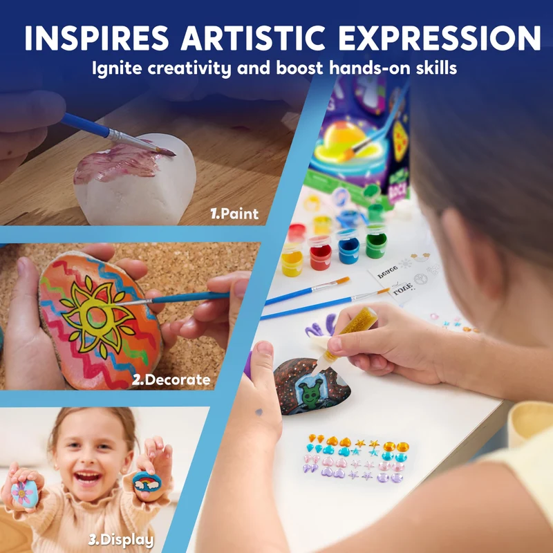 JOYIN 10 pezzi Kit Pittura di pietra per bambini con 18 colori (colle glitter e metallizzato e colori standard) Materiali artistici per bambini Attività da famiglia Regalo di compleanno