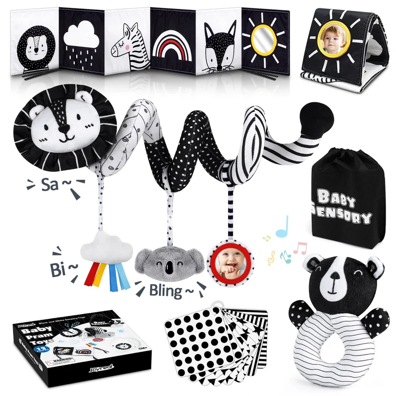 Joyreal Giochi Neonato 0-12 Mesi - Giochi Spirale Passeggino, Stoffa Libro Bianco e Nero Neonati, Sonaglio Sensoriali Montessori Regalo