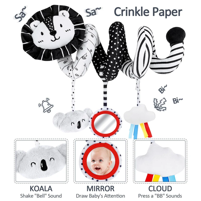 Joyreal Giochi Neonato 0-12 Mesi - Giochi Spirale Passeggino, Stoffa Libro Bianco e Nero Neonati, Sonaglio Sensoriali Montessori Regalo