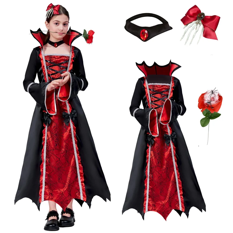 ZUCOS Costume da vampiro per Halloween, per bambina, stile gotico, elegante, medievale, per feste di carnevale, nero, taglia 7-9 anni