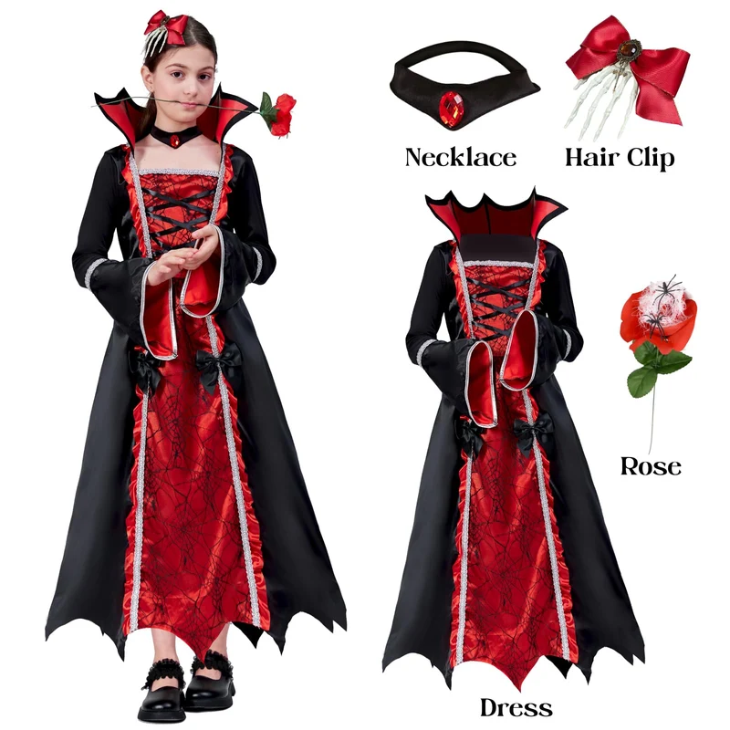 ZUCOS Costume da vampiro per Halloween, per bambina, stile gotico, elegante, medievale, per feste di carnevale, nero, taglia 7-9 anni