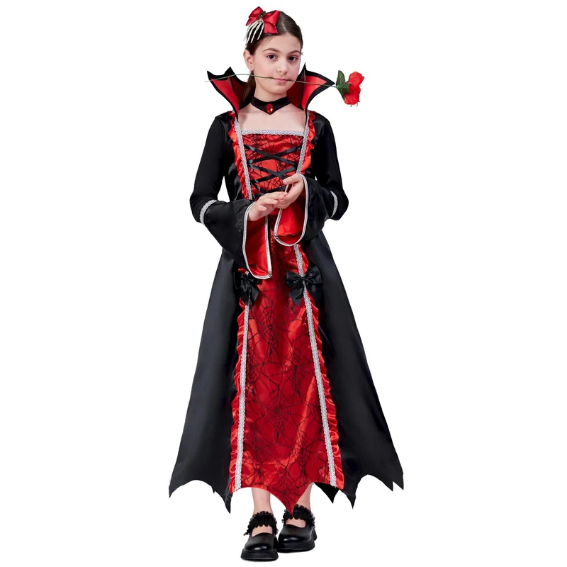 ZUCOS Costume da vampiro per Halloween, per bambina, stile gotico, elegante, medievale, per feste di carnevale, nero, taglia 7-9 anni