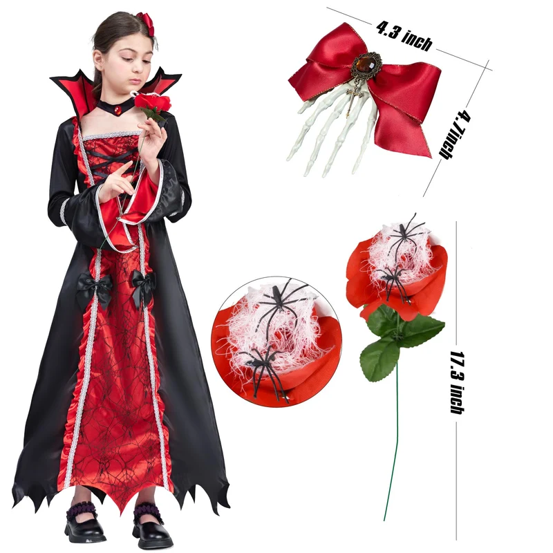ZUCOS Costume da vampiro per Halloween, per bambina, stile gotico, elegante, medievale, per feste di carnevale, nero, taglia 7-9 anni