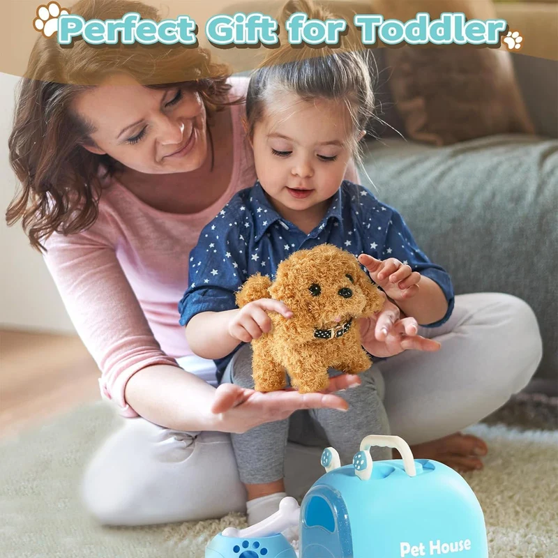 TONZE Cagnolino che Abbaia e Cammina Giochi Bambini 2 3 4 Anni Cane Giocattolo che Cammina e Abbaia Regalo Bambina 2 3 4 Anni Peluche Cane Realistico Animali Giocattolo per Bambini