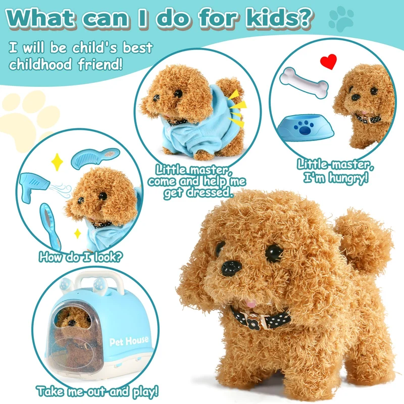 TONZE Cagnolino che Abbaia e Cammina Giochi Bambini 2 3 4 Anni Cane Giocattolo che Cammina e Abbaia Regalo Bambina 2 3 4 Anni Peluche Cane Realistico Animali Giocattolo per Bambini