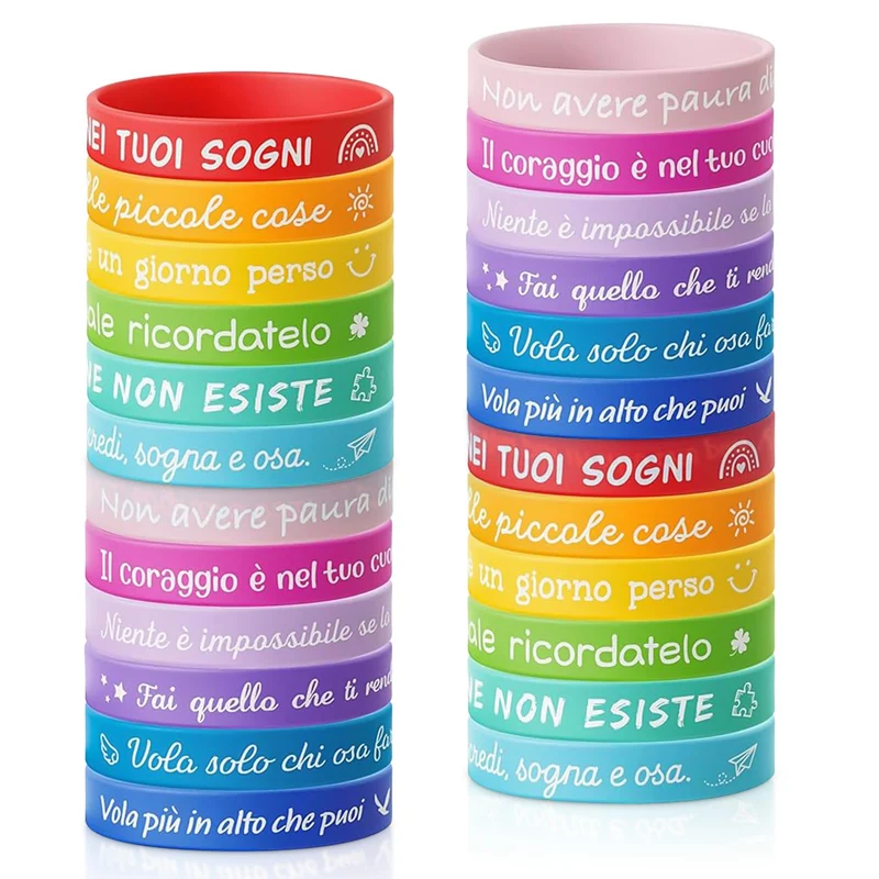 Tccydm 24 Braccialetti Bambini con Frasi Motivazionali, Braccialetti Silicone Colorati Amicizia, Gadget Compleanno Bambini, Regalini Fine Festa, Regalo bambini, Pensierini Festa Scuola