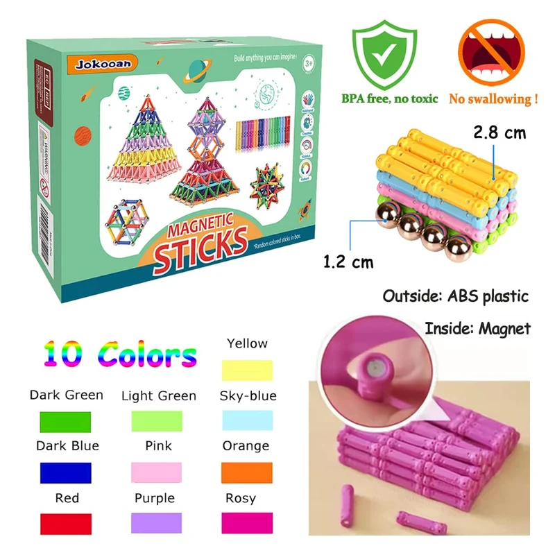 Jokooan Blocchi magnetici, 220 pezzi, bastoncini magnetici, giocattoli da costruzione, giocattoli da costruzione STEM Montessori, giocattolo educativo e cervello, set per bambini