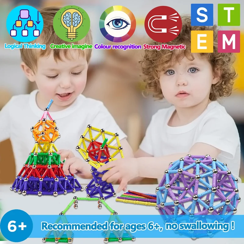 Jokooan Blocchi magnetici, 220 pezzi, bastoncini magnetici, giocattoli da costruzione, giocattoli da costruzione STEM Montessori, giocattolo educativo e cervello, set per bambini