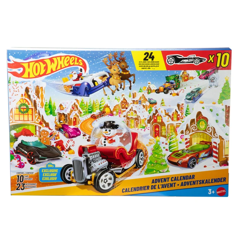 Hot Wheels - Calendario dell'Avvento 2025, 24 finestrelle numerate con sorprese a tema Natale, 10 macchinine, 10 clip e 14 accessori inclusi, giocattolo per bambini, 3+ anni, JCB47