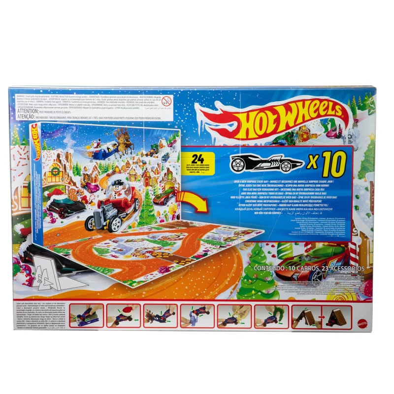 Hot Wheels - Calendario dell'Avvento 2025, 24 finestrelle numerate con sorprese a tema Natale, 10 macchinine, 10 clip e 14 accessori inclusi, giocattolo per bambini, 3+ anni, JCB47