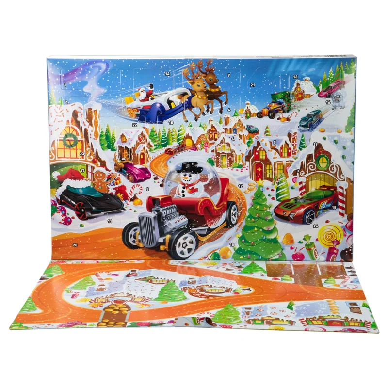 Hot Wheels - Calendario dell'Avvento 2025, 24 finestrelle numerate con sorprese a tema Natale, 10 macchinine, 10 clip e 14 accessori inclusi, giocattolo per bambini, 3+ anni, JCB47