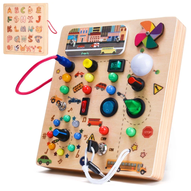 Nauotk Busy Board in Legno, Giochi Montessori per Bambini 2 Anno, Lavagna attività con 19 LED, Giochi Educativi Sensoriale del Bambino, Lavagna attività Portatile Regalo Bimbo 2 3 4 Anni
