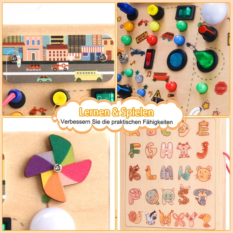 Nauotk Busy Board in Legno, Giochi Montessori per Bambini 2 Anno, Lavagna attività con 19 LED, Giochi Educativi Sensoriale del Bambino, Lavagna attività Portatile Regalo Bimbo 2 3 4 Anni