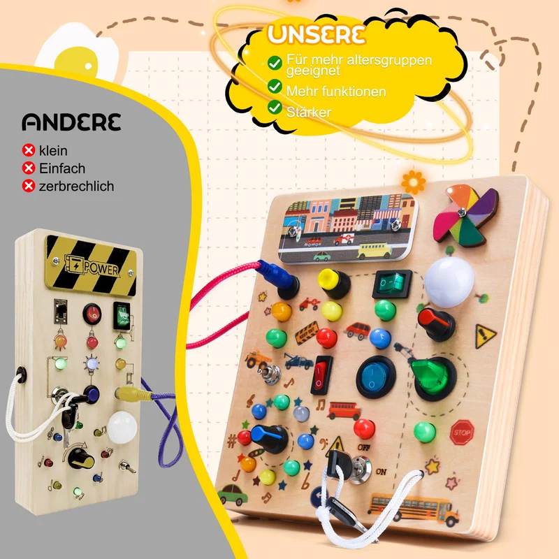 Nauotk Busy Board in Legno, Giochi Montessori per Bambini 2 Anno, Lavagna attività con 19 LED, Giochi Educativi Sensoriale del Bambino, Lavagna attività Portatile Regalo Bimbo 2 3 4 Anni