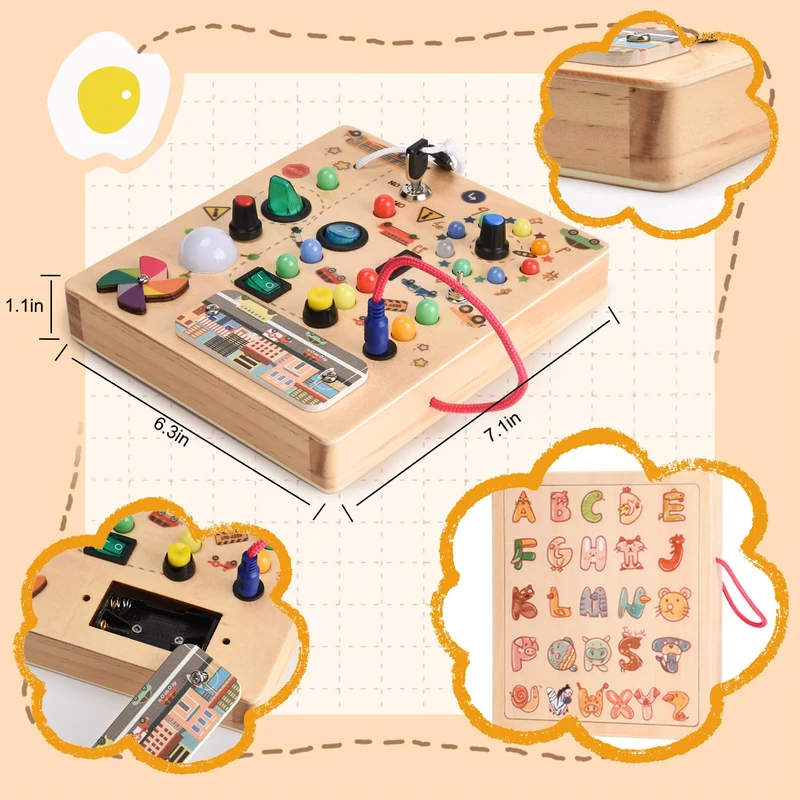 Nauotk Busy Board in Legno, Giochi Montessori per Bambini 2 Anno, Lavagna attività con 19 LED, Giochi Educativi Sensoriale del Bambino, Lavagna attività Portatile Regalo Bimbo 2 3 4 Anni