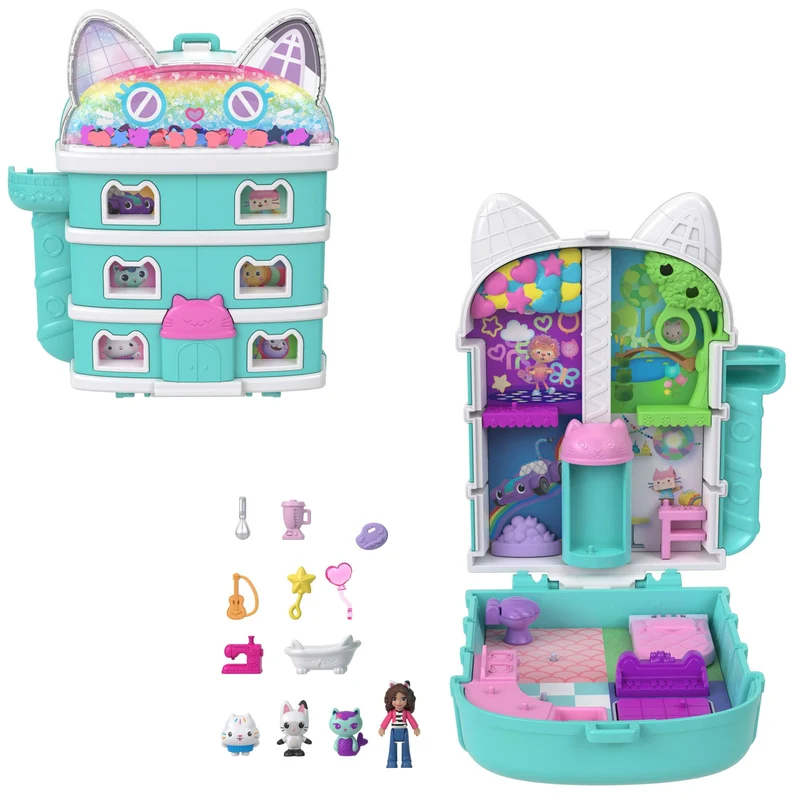 Polly Pocket - La Casa delle Bambole di Gabby, cofanetto con mini Gabby e 9 accessori, include gli amici gattini Pandy Panda, Dolcetto e Siregatta, giocattolo per bambini, 4+ anni, JFV02
