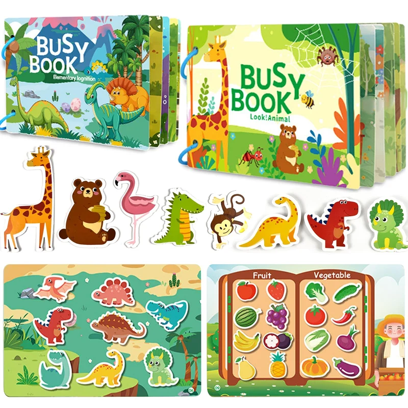 Tangdudu 2PC Montessori Busy Book per Bambini 1 2 3 4 5 Anni, Quiet Book, Libro di attività per Imparare Animali, Colori, Forme, Frutta, Verdura, Veicoli, Cibo e Dinosauri