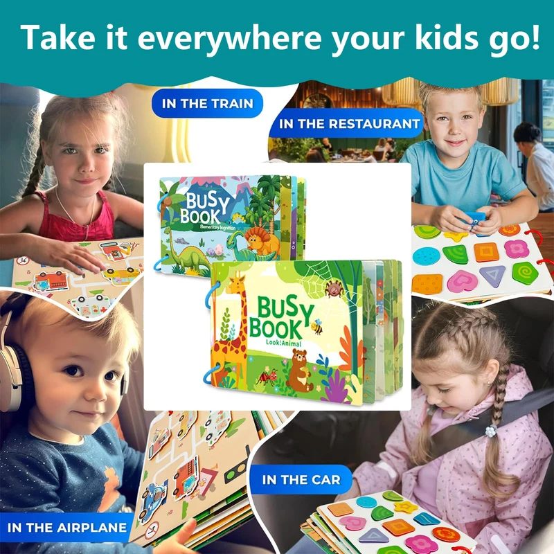 Tangdudu 2PC Montessori Busy Book per Bambini 1 2 3 4 5 Anni, Quiet Book, Libro di attività per Imparare Animali, Colori, Forme, Frutta, Verdura, Veicoli, Cibo e Dinosauri