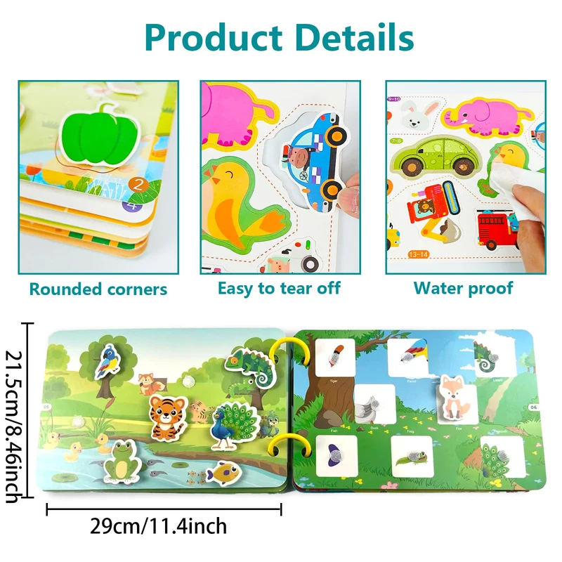Tangdudu 2PC Montessori Busy Book per Bambini 1 2 3 4 5 Anni, Quiet Book, Libro di attività per Imparare Animali, Colori, Forme, Frutta, Verdura, Veicoli, Cibo e Dinosauri