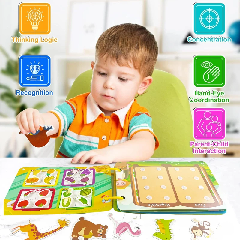 Tangdudu 2PC Montessori Busy Book per Bambini 1 2 3 4 5 Anni, Quiet Book, Libro di attività per Imparare Animali, Colori, Forme, Frutta, Verdura, Veicoli, Cibo e Dinosauri