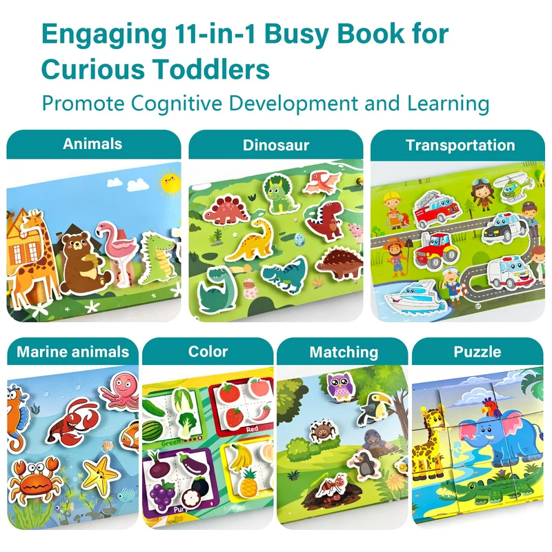 Tangdudu 2PC Montessori Busy Book per Bambini 1 2 3 4 5 Anni, Quiet Book, Libro di attività per Imparare Animali, Colori, Forme, Frutta, Verdura, Veicoli, Cibo e Dinosauri