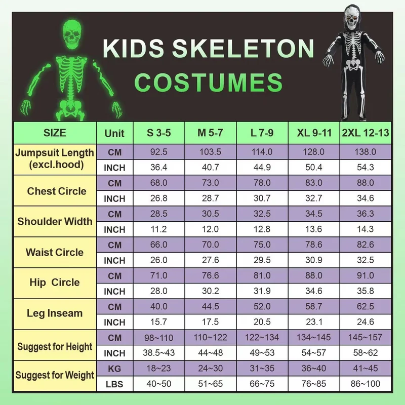 Sincere Party Costume da scheletro bagliore al buio con ossa con guanti, ottimo per bambini di 5-7 anni