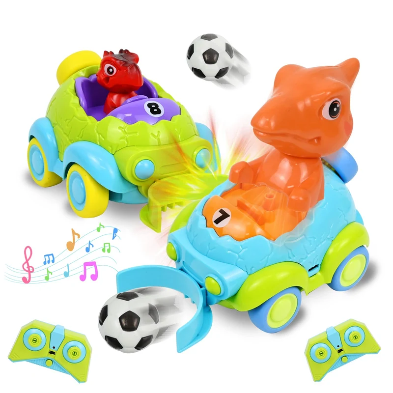 PATEMZON Macchina Telecomandata per Bambini, 2 Pezzi Dinosauro Auto Telecomandata Giochi, Monster Truck Unicorno Giocattolo con Luci e Musica, Calcio, Regalo Bambino 2 3 4 5 6 Anni Maschio