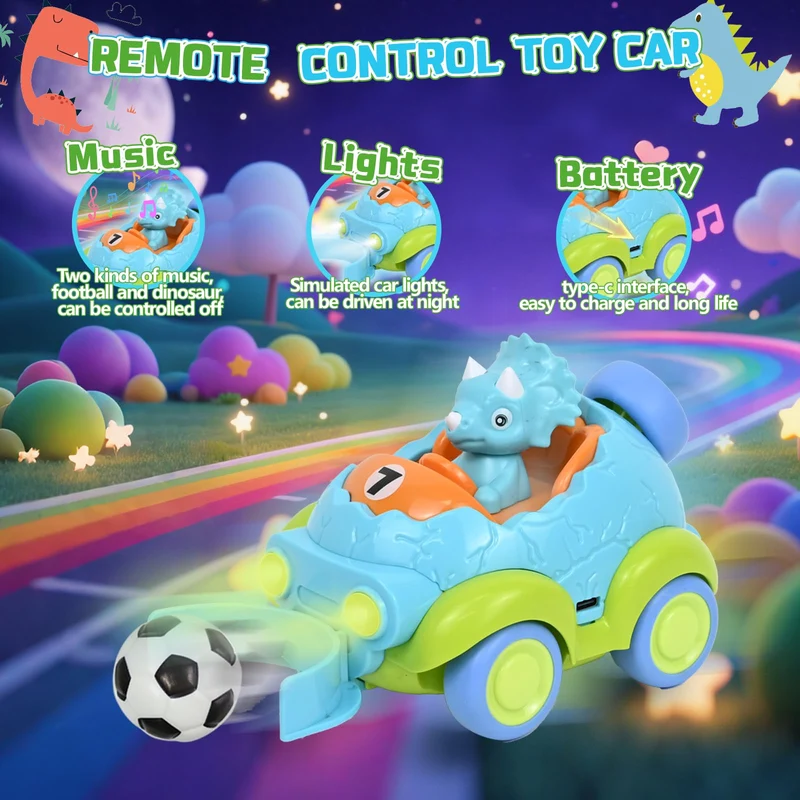 PATEMZON Macchina Telecomandata per Bambini, 2 Pezzi Dinosauro Auto Telecomandata Giochi, Monster Truck Unicorno Giocattolo con Luci e Musica, Calcio, Regalo Bambino 2 3 4 5 6 Anni Maschio