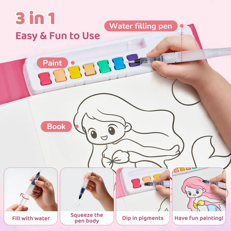 JoyCat album da colorare per bambini, set di pittura ad acquerello per bambini dai 3-5 ai 4-8 anni,attività di disegno artistico e artigianale, regalo di compleanno per ragazzi e ragazze
